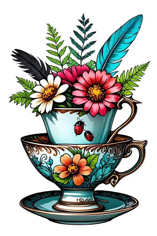 tea cup filled with flowers, eagle feather, fern, lady bugs tattoo design idea