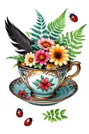 tea cup filled with flowers, eagle feather, fern, lady bugs tattoo design idea