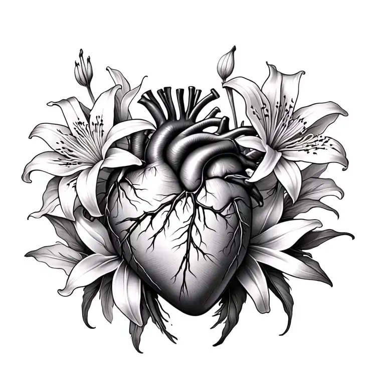 anotomically correct human heart with spider lilies surrounding it  tattoo design idea