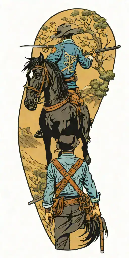 a Texas Ranger facing away. a black horse. tattoo design idea