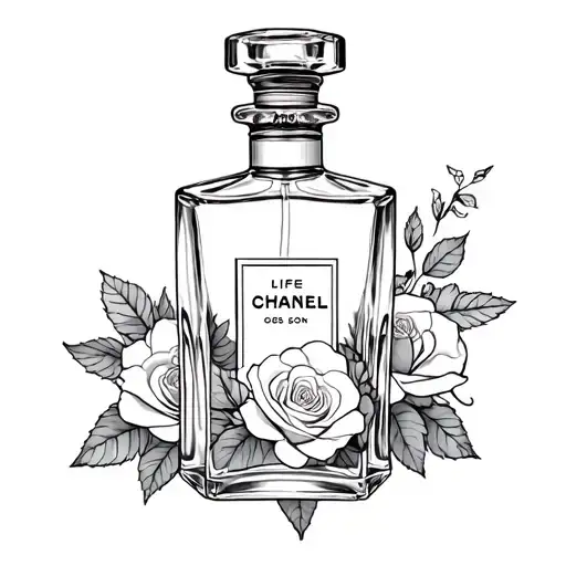 Chanel bottle, sampaguita, roses, life goes on tattoo design idea