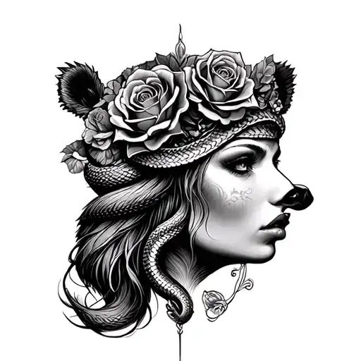 lady head with grizzly headdress that incorporates a snake and roses tattoo design idea
