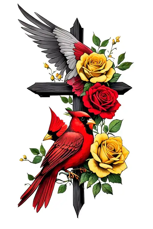  cross, red cardinal, and yellow roses tattoo design idea