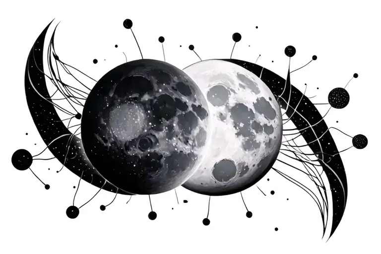 artificial neural metwork with nodes as moons and suns with some eclipse tattoo design idea