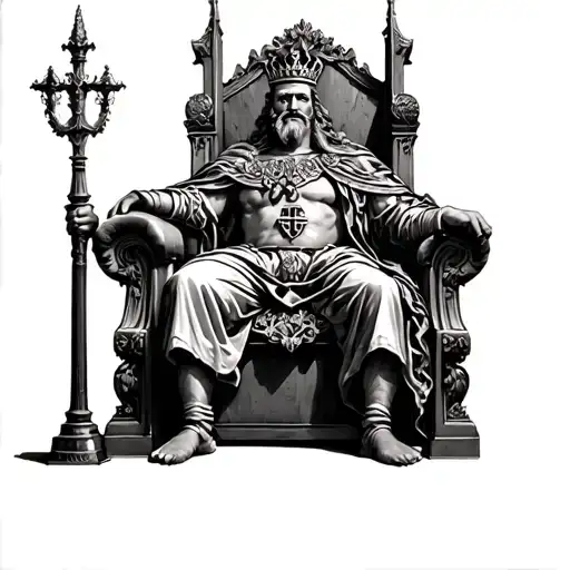 king sitting on the throne fin hevan filled with power and greed. thankful for everything he has. inckude a time piece tattoo design idea