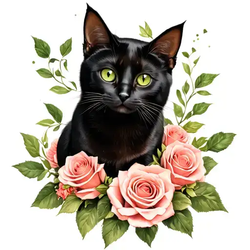 roses and sprigs, greenery, with black cat sitting, green eyes tattoo design idea