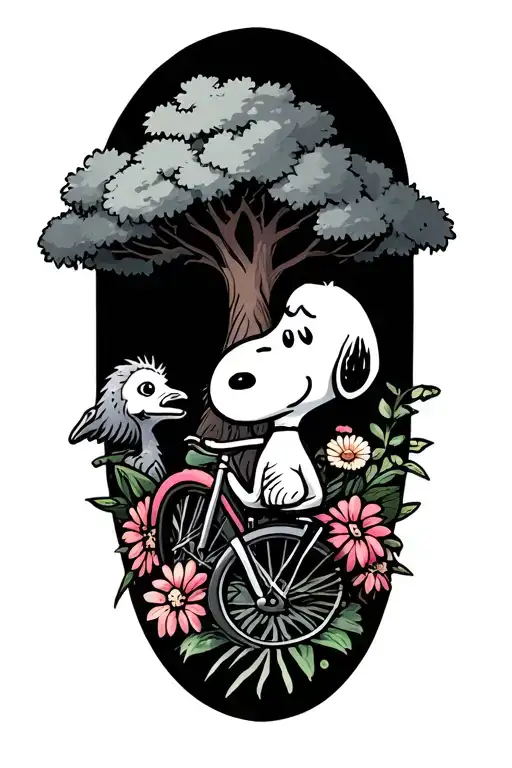 snoopy, hatchimals, bike with a tree, emu, flowers, zombies, tattoo design idea