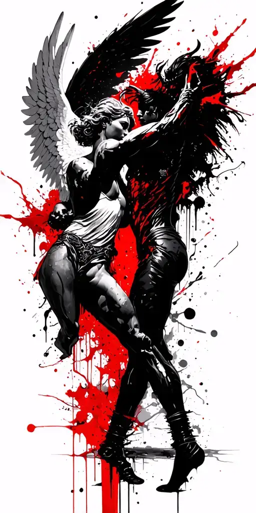 separate angel in white vs. demon in black  fighting tattoo design idea