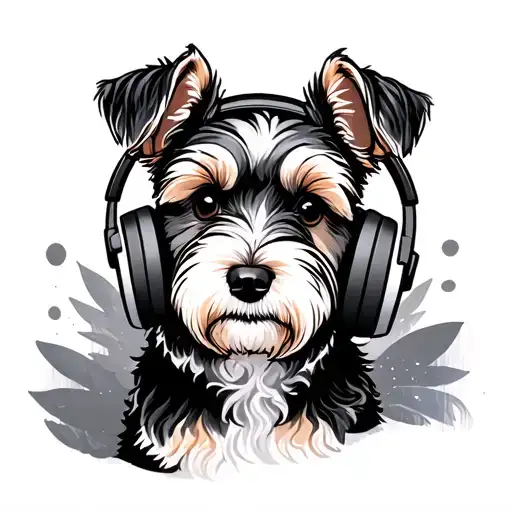 "Fluffy " Pom X fox terrier wearing headphones tattoo design idea