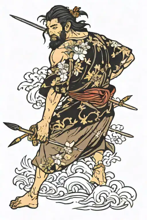 odysseus with spear and floral shirt and spear  tattoo design idea