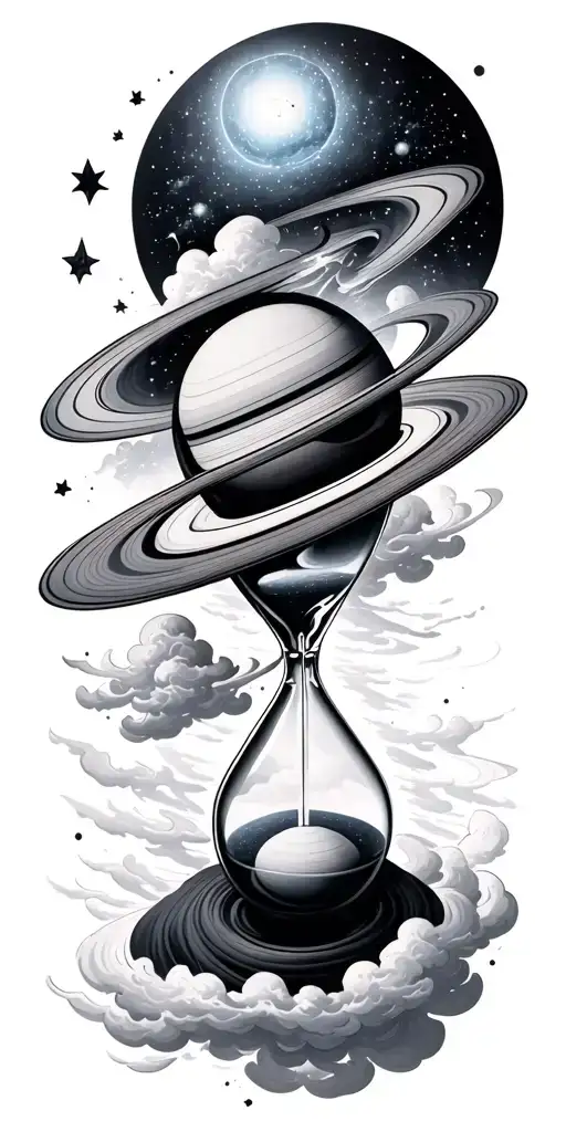 galaxy concept, Saturn, hour glass, clouds tattoo design idea