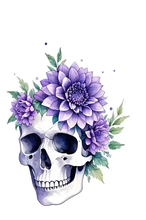 Skull with purple dahlia flowers intertwined tattoo design idea