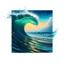 waves dissolving into expressive brushstrokes, blue teal with hints of gold, silhouette at horizon, fluid and modern tattoo design idea