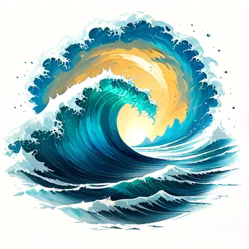 waves dissolving into expressive brushstrokes, blue teal with hints of gold, silhouette at horizon, fluid and modern tattoo design idea