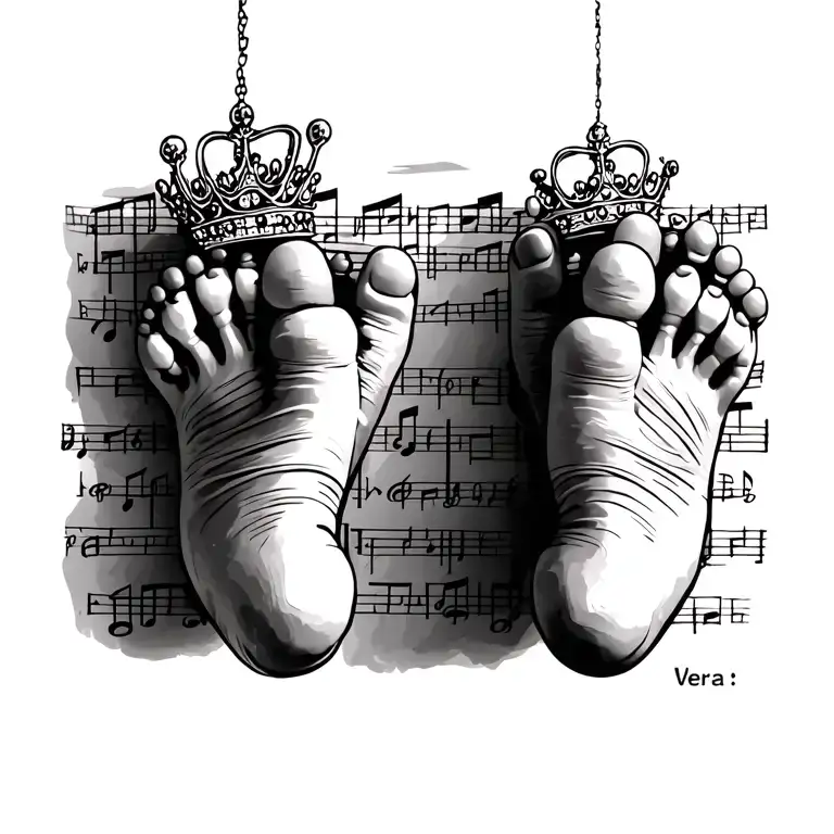 "Vera" babies feet with crown hanging, music note background tattoo design idea