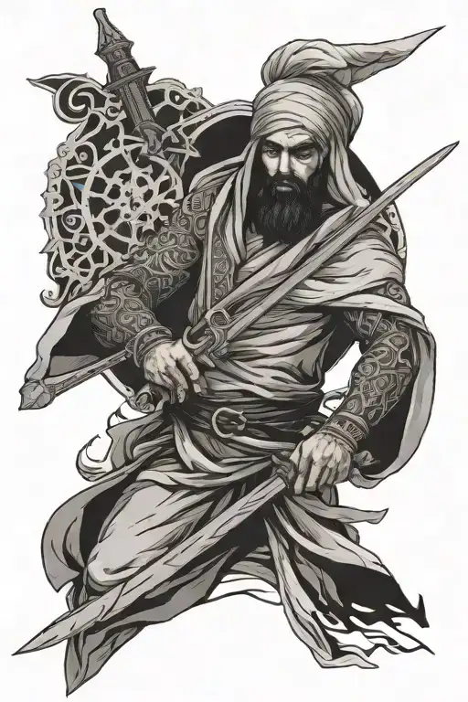 a masculine big akhbari shia tattoo for half sleeve tattoo featuring imam ali and sword tattoo design idea
