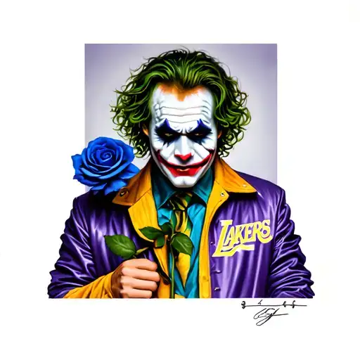 heath ledger joker holding blue rose wearing lakers jacket tattoo design idea