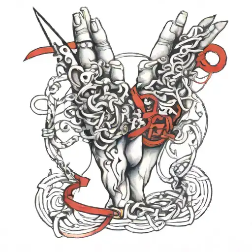 3 hands, 1 pair of scissors, red string theory interwoven tattoo design idea
