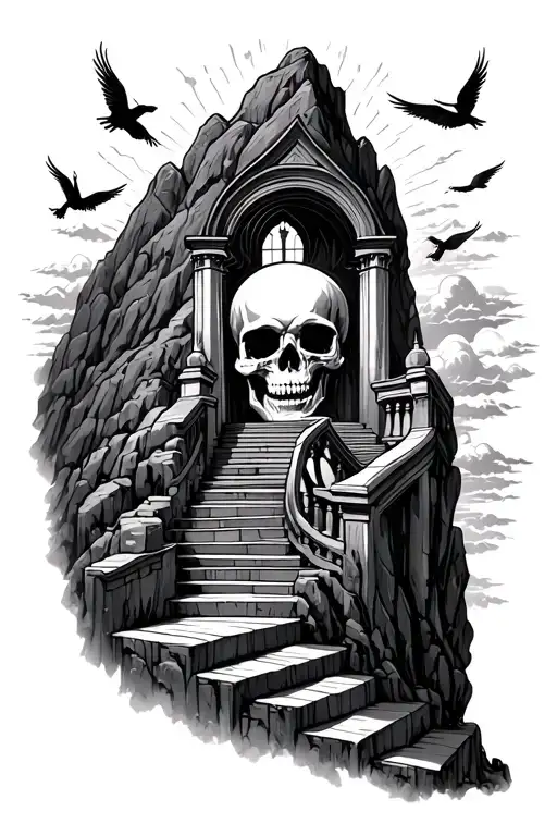 skull mountain surrounding stairway to heaven gates and souls flying around up to the sky's of light  tattoo design idea