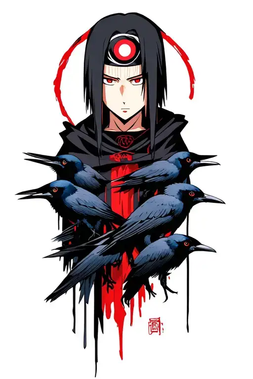 Itachi Uchiha with sharingan eyes wearing akatsuki cloak fading into crows tattoo design idea