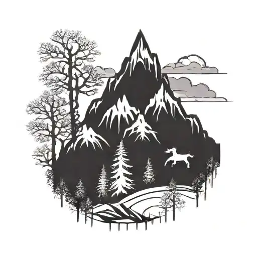 mountain range silhouette with a  cross on top and some snow and trees on the mountain incorporating within a heartbeat tattoo design idea