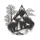 mountain range silhouette with a  cross on top and some snow and trees on the mountain incorporating within a heartbeat tattoo design idea