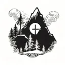 mountain range silhouette with a  cross on top and some snow and trees on the mountain incorporating within a heartbeat tattoo design idea