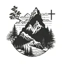 mountain range silhouette with a  cross on top and some snow and trees on the mountain incorporating within a heartbeat tattoo design idea