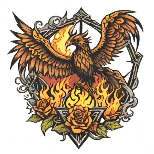 phoenix rising from the ashes in the for ground with a partially hidden cross behind the phoenix in a triangle   tattoo design idea