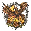 phoenix rising from the ashes in the for ground with a partially hidden cross behind the phoenix in a triangle   tattoo design idea