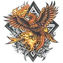 phoenix rising from the ashes in the for ground with a partially hidden cross behind the phoenix in a triangle   tattoo design idea