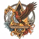 phoenix rising from the ashes in the for ground with a partially hidden cross behind the phoenix in a triangle   tattoo design idea