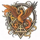 phoenix rising from the ashes in the for ground with a partially hidden cross behind the phoenix in a triangle   tattoo design idea