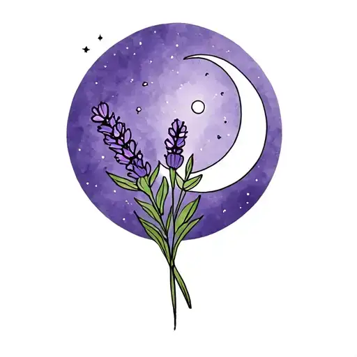 small round tattoo with lavender flower and moon with small stars, colored tattoo design idea