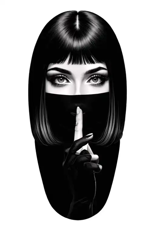 Realistic woman, eyes hidden, finger to lips in 'shh' pose, mysterious and magical aura, black and grey tattoo style. tattoo design idea