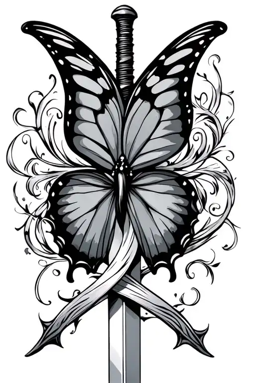 Butterfly whos wing form a semicolon, on a sword intertwined tattoo design idea