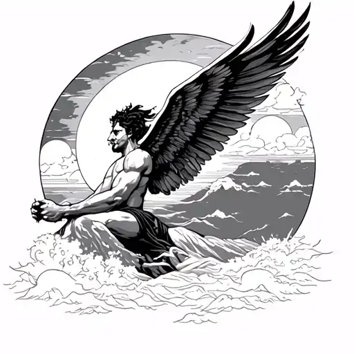 icarus with japanese rising sun setting tattoo design idea