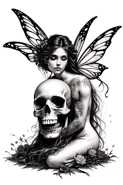 fairy in love with a skull tattoo design idea