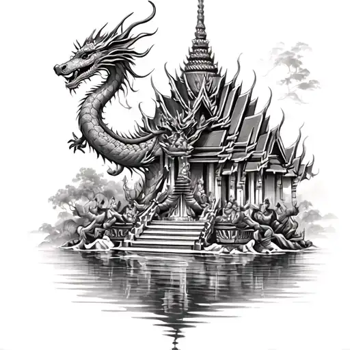 thailand temple surrounded by water dragon and family tree tattoo design idea