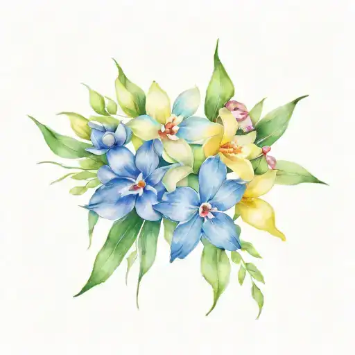 orchid, cornflower and frangipani bouquet tattoo design idea