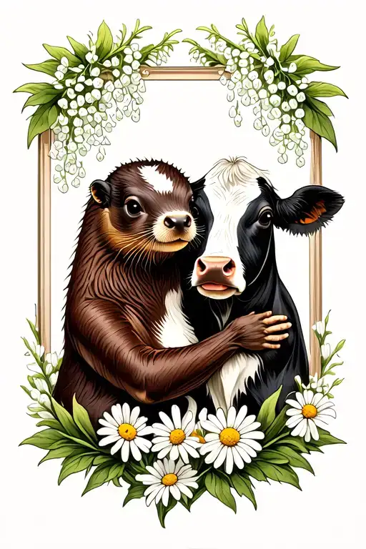 black and white cow and brown otter hugging with daisys and lily of the valley with a frame around it tattoo design idea