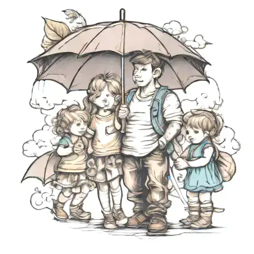 young dad holding umbrella for 2 daughters tattoo design idea