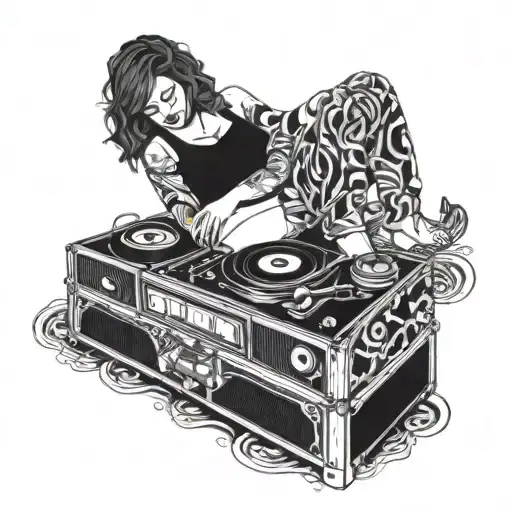 woman sitting on record player with feet in vinyl pool tattoo design idea