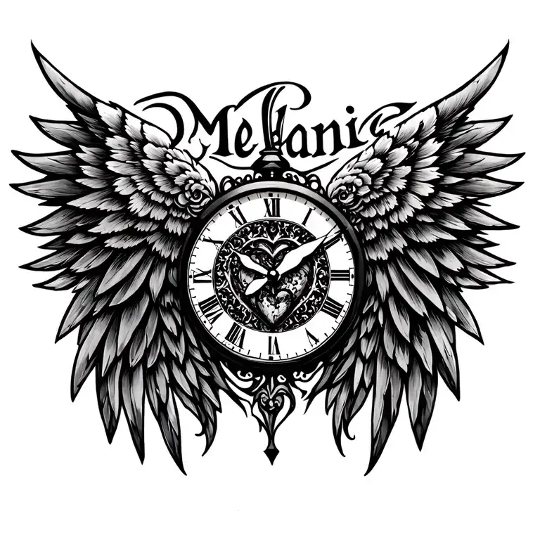 "Mélanie" heart clock wing tattoo design idea