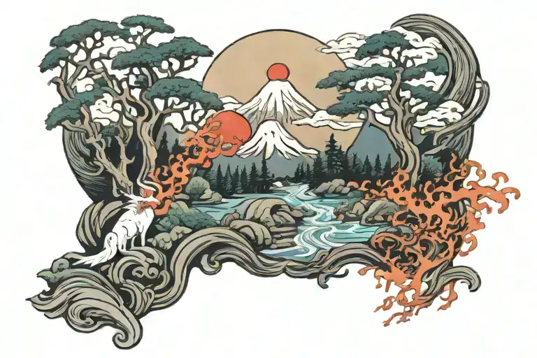 Japanese forest river covered in amaterasu flames on the night of the Sharingan moon tattoo design idea