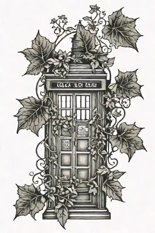 small tardis with small ivy leaves intertwined tattoo design idea