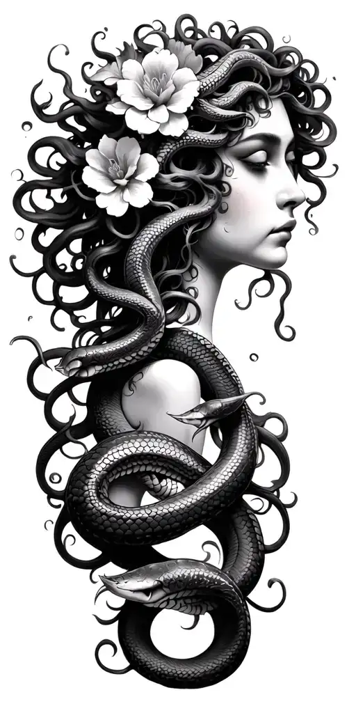Medusa with snakes and flowers wrapped tattoo design idea