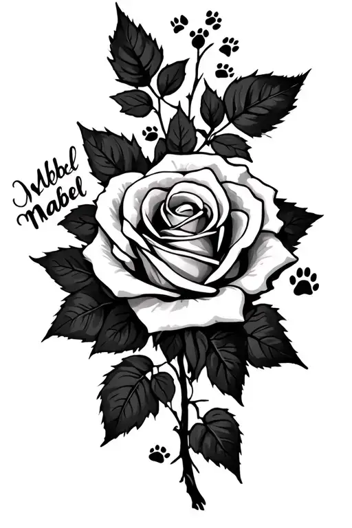 Rose tattoo with paw prints as leaves and "mabel" written halfway through the stem tattoo design idea