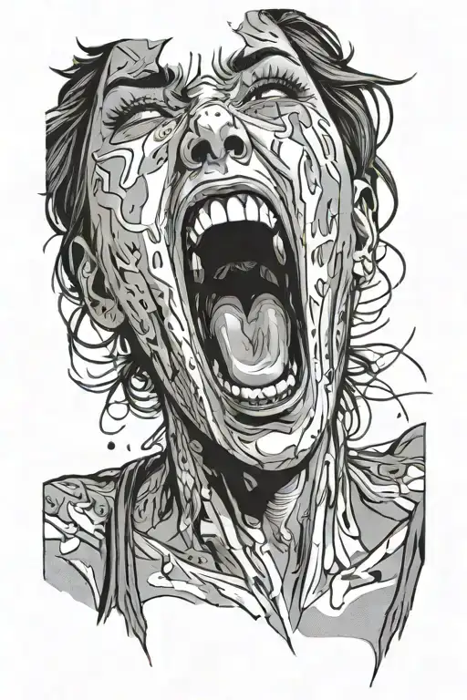 a screaming young woman who has wounds on her face and is screaming tattoo design idea
