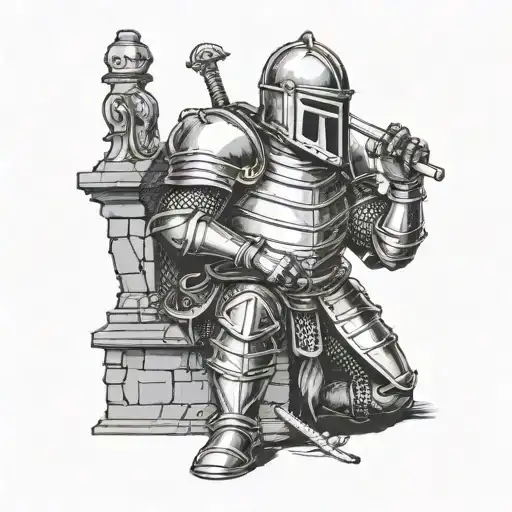 Knight in armor squatting holding a smoking cigarette tattoo design idea